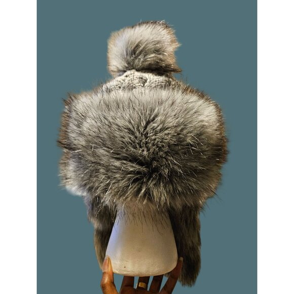 Bajka/Ushanka Gray Black Faux Fur Knit Hat with Pom Pom & Ear Flaps - Picture 7 of 10